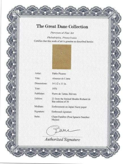 Rare Pablo Picasso Embossment on Japon Nacre from Chant Funèbre pour Ignacio Sánchez Mejías, 1976