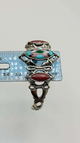 925 Vintage Sterling Silver Carolyn Pollack Relios With Rhodochrosite And Turquoise Inlay Cuff Brace