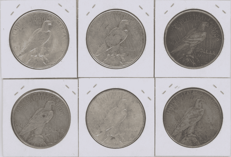 Run of 6 Different Peace Silver Dollars 1925 to 1928-S