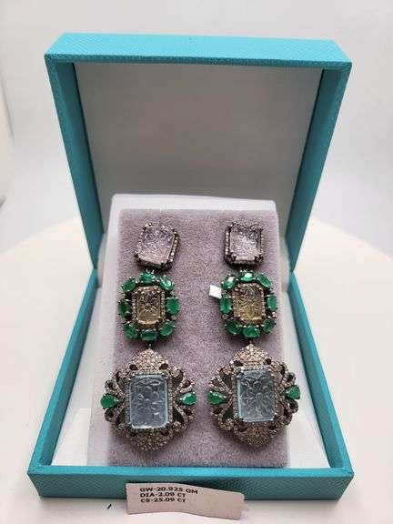 Hand made emerald and diamonds with 25ctw of hand carved topaz on silver earrings