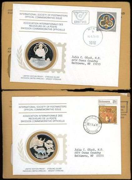5 Different 1976 Internation Society of Postmasters Silver Medallic First Day Covers in Original Env
