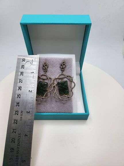 Very high quality hand made emerald and diamonds on silver earrings