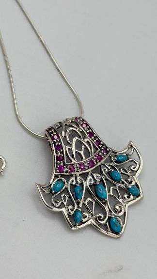 925 Sterling Silver Filigree Design Turquoise And Red Stone Details Necklace