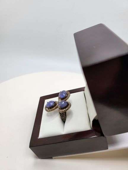 Extremely fine Victorian natural 3 sapphire in center and diamonds ring on silver