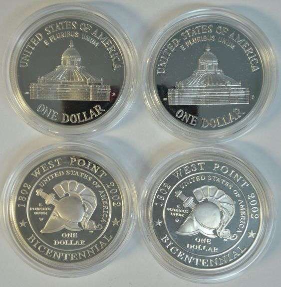 2 2000 Library of Congress & 2 2002 West Point Gem PRF Silver $1's in original velvet box