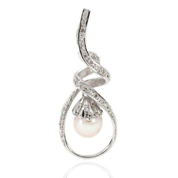 18K (750) White Gold Natural Diamond and White Pearl Pendant Necklace