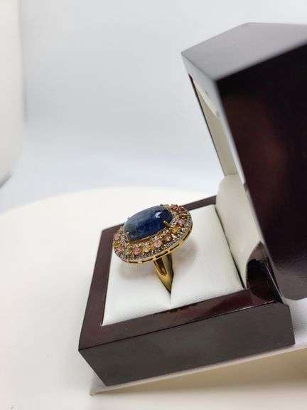 Extremely fine Victorian natural cabochon sapphire in center and diamonds ring on silver