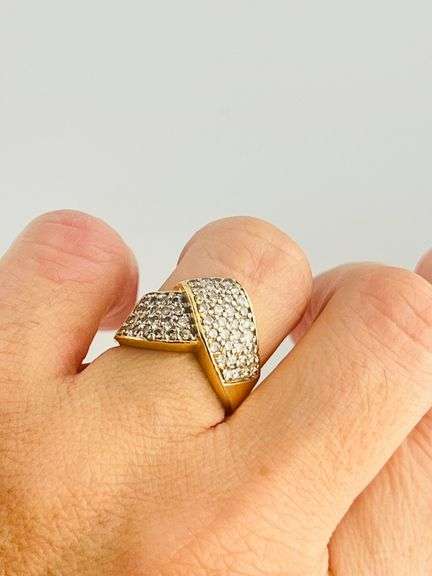 14KT Yellow Gold Bypass Design With Pave Diamon Ring