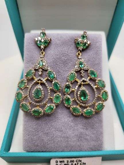 Very high quality hand made emerald and diamonds on silver earrings