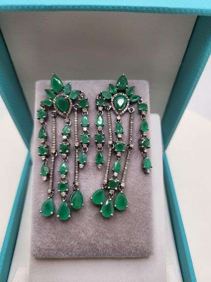 Very high quality hand made emerald and diamonds on silver earrings