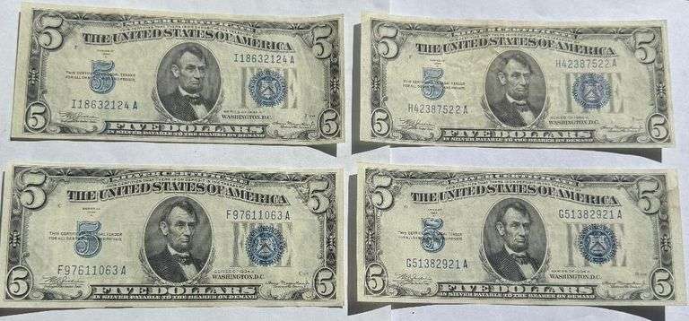 Four Clean  Near Unc $5 1934 A Silver Certificates.