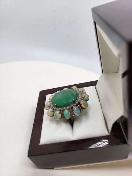 Extremely fine Victorian emerald , opal and diamonds ring on silver