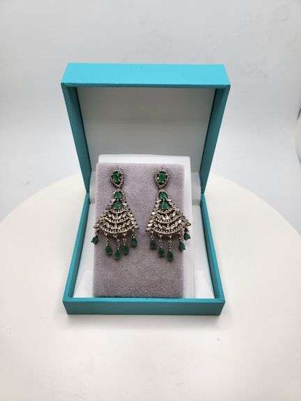 Very high quality hand made emerald and diamonds on silver earrings