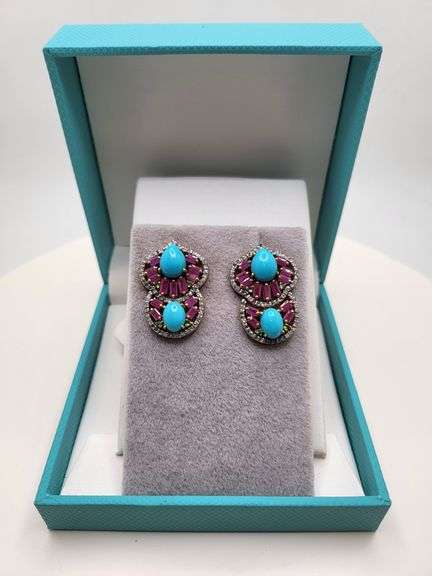 Extremely fine Victorian turquoise and diamonds with ruby earrings