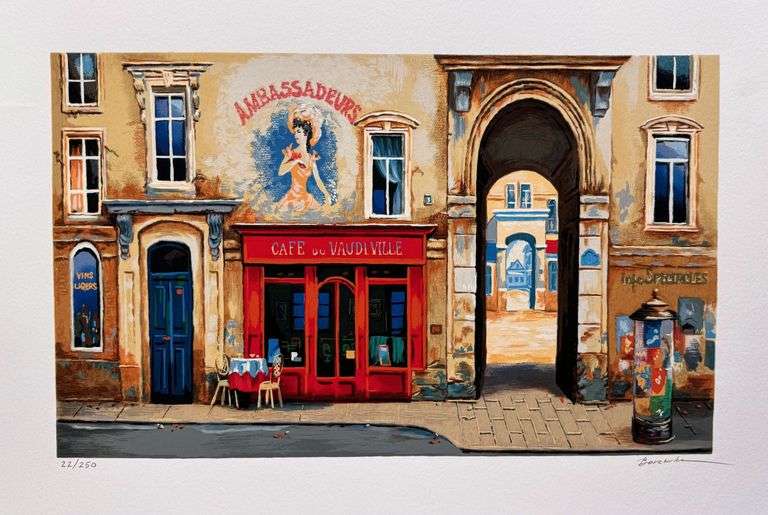 Hand Signed Alexander Borewko Serigraph, Café du Vaudeville
