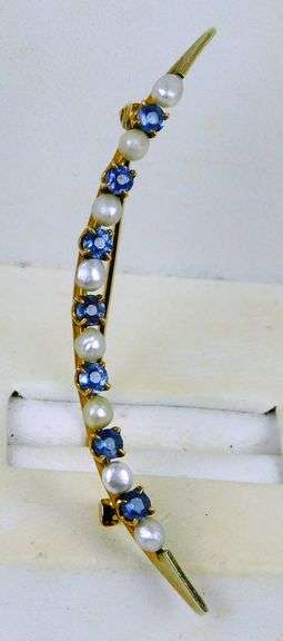 Antique 14K Gold Blue Topaz & Pearls Moon Brooch