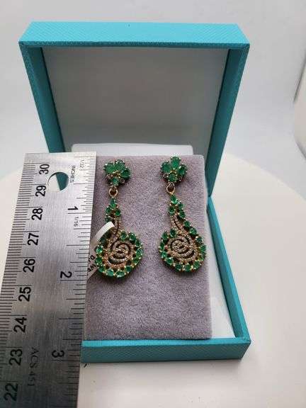 Very high quality hand made emerald and diamonds on silver earrings