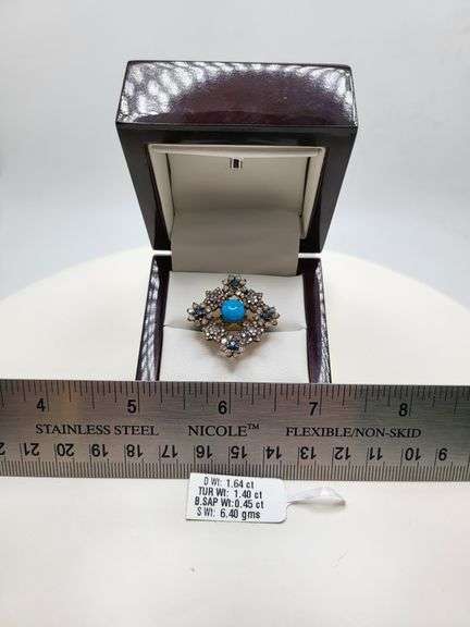 Extremely fine Victorian turquoise and diamonds with sapphire ring on silver
