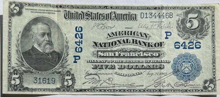 $5 American Natl  Bank San Francisco  1902 Picture Back National Note