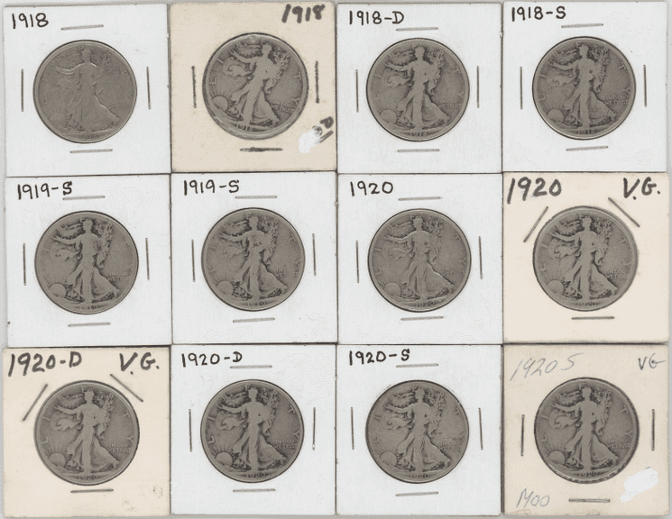 Great lot of 12 better date Walking Liberty Half Dollars 1918 to 1920-S