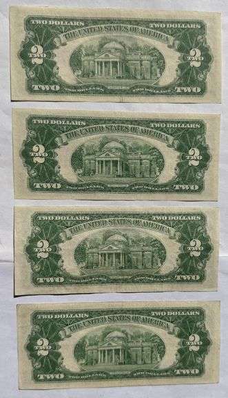 Four Uncirculated 1953 $2 Red Seal US Notes