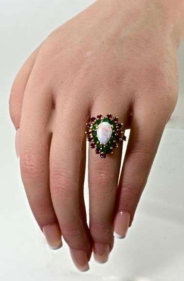 Colorful 18K Yellow Gold Opal, Emerald & Ruby Ring