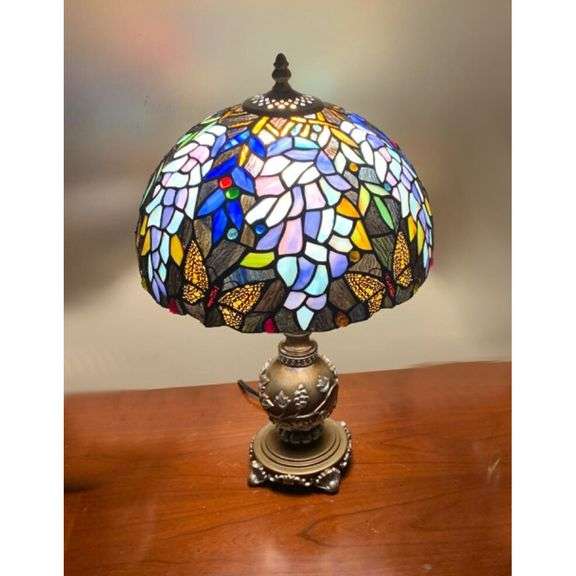 Wisteria Flowers and Butterflies Stained Glass Lamp
