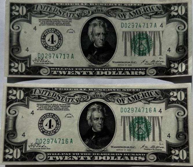 Two Consecutive $20 1928 Choice AU & Unc First Series Numerical Gold Payable Notes