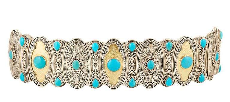 Konstantino Mixed Cut Turquoise Cabochon Filigree Two Tone Link Bracelet in 18K and Sterling