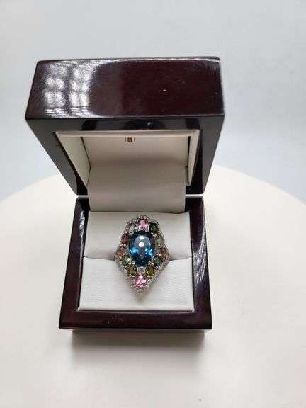 Extremely fine Victorian natural blue topaz sapphire accent and diamonds ring on silver