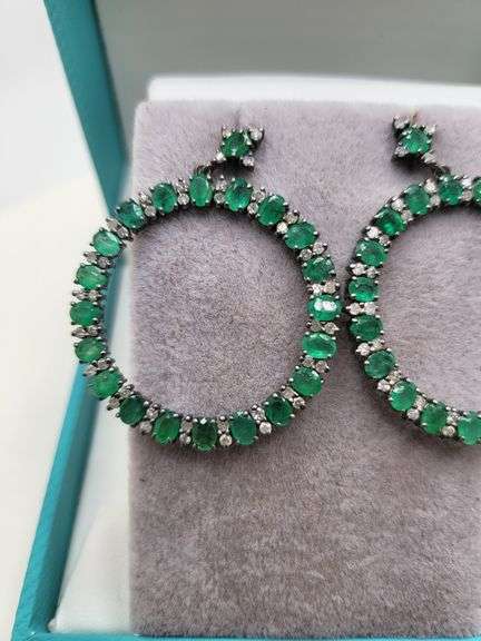 Very high quality hand made emerald and diamonds on silver earrings