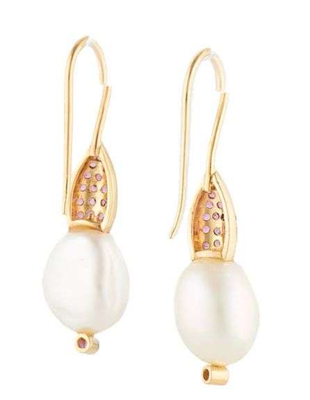 Pink Sapphire and Baroque Pearl Fish Hoop Earrings in 18K