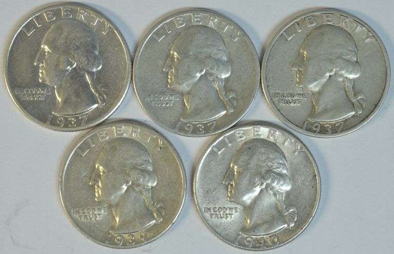 5 Different Washington Quarters 1937 to 1940