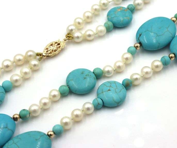 Oval Composite turquoise, pearl and gold bead two row necklace