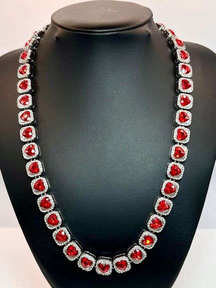 Beautiful 14 Kt White Gold Plated Huge 98.3 Gram Simulated Ruby Diamond Tennis Necklace