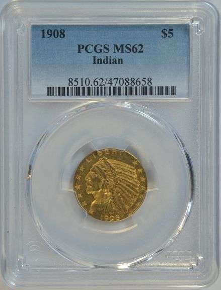 Lovely Choice BU 1908 $5 Indian Gold Piece. PCGS MS62