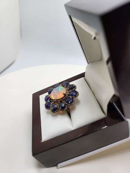 Extremely fine Victorian natural opal in center and sapphire, diamonds ring on silver