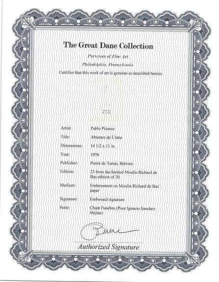 Rare Pablo Picasso Embossment from Chant Funèbre pour Ignacio Sánchez Mejías, 1976