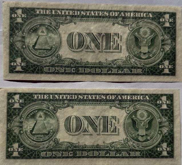 Two 1935 E $1 Consecutive Unc Silver Certificates.
