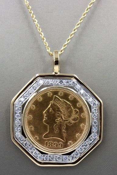 $10 Liberty coin and 1.20ctw diamond bezel Octagon pendant frame on rope chain necklace