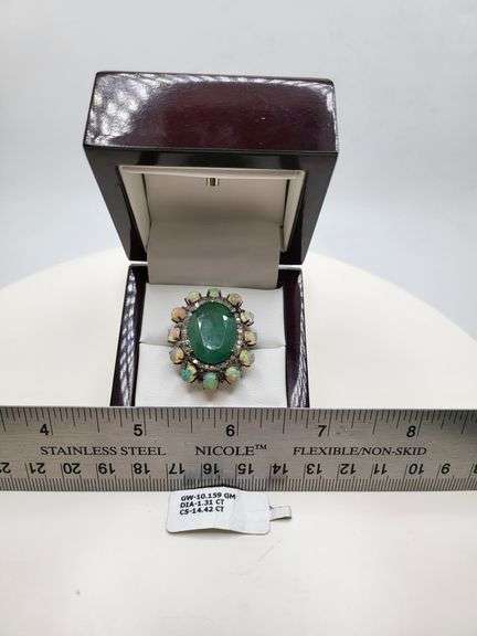 Extremely fine Victorian emerald , opal and diamonds ring on silver