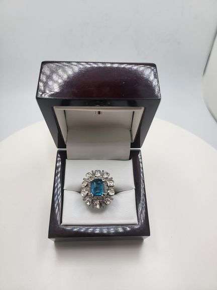 Extremely fine Victorian natural blue topaz and diamonds ring on silver