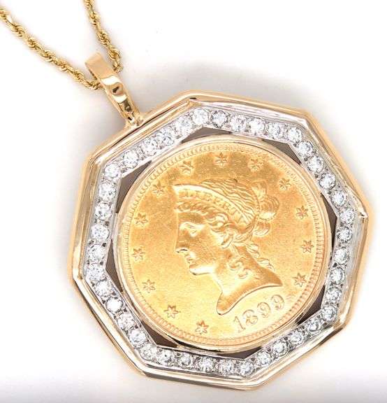 $10 Liberty coin and 1.20ctw diamond bezel Octagon pendant frame on rope chain necklace