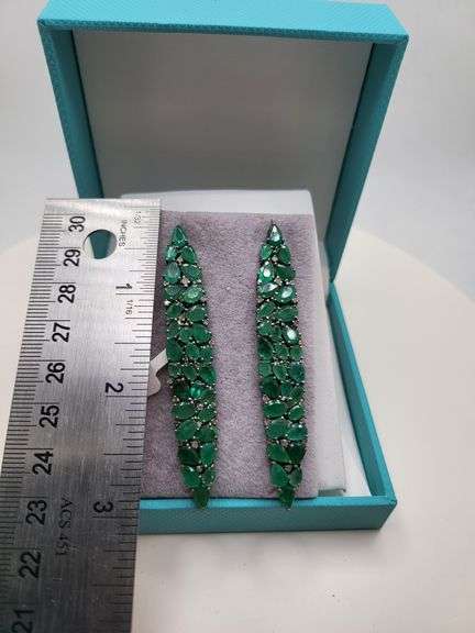 Very high quality hand made emerald and diamonds on silver earrings