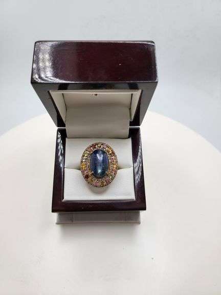 Extremely fine Victorian natural cabochon sapphire in center and diamonds ring on silver