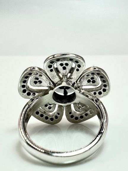 Impressive 14 Kt White Gold Plate 7 Ct Black Moissanite Flower Ring