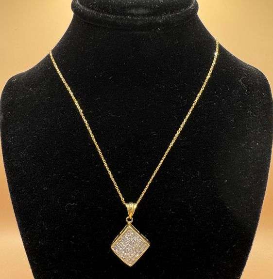 FANCY 14K YELLOW GOLD SQUARE SHAPE PAVE SET DIAMOND PENDANT NECKLACE