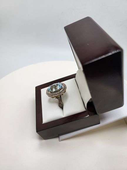 Extremely fine Victorian natural blue topaz and diamonds ring on silver
