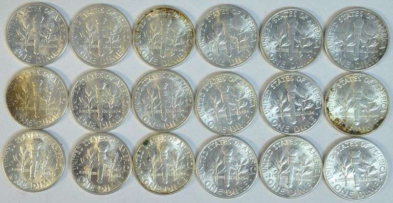 Partial Gem BU roll of 18 1946 Roosevelt Dimes.