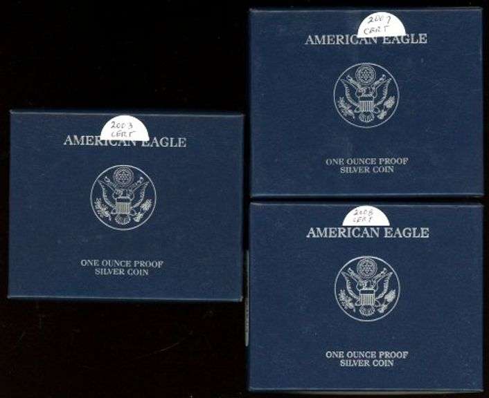 3 Different Proof Silver Eagles in Box w/CoA: 2003, 2007, 2008